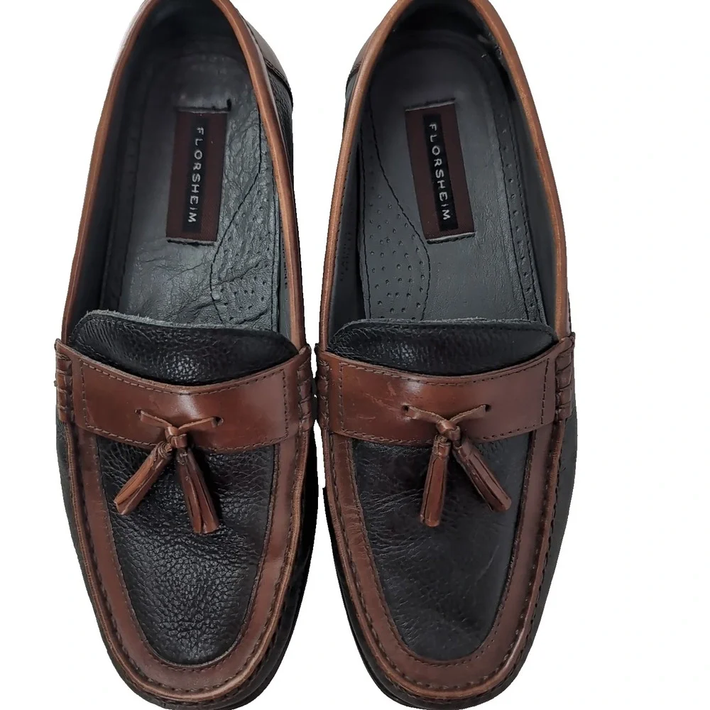 Florsheim Mens Tassel Loafers Two Tone Black Brown Leather K11072 16 Size 9.5 D